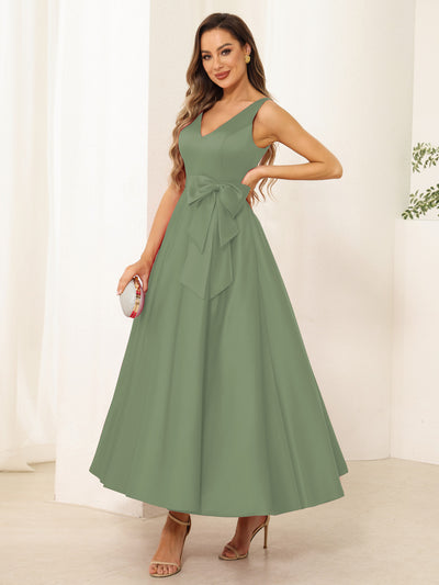 A-Line/Princess V Neck Sleeveless Long Evening Dresses with Bow Knot