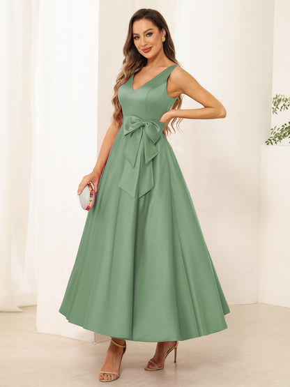 A-Line/Princess V Neck Sleeveless Long Evening Dresses with Bow Knot