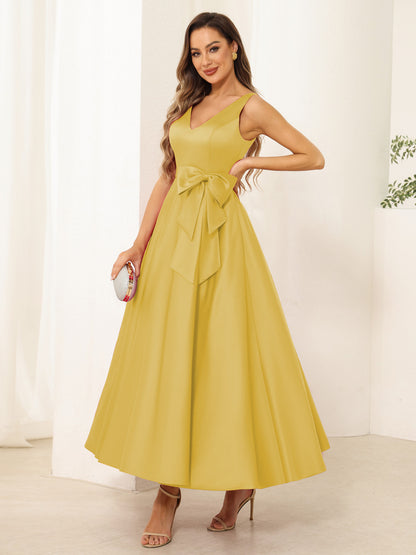 A-Line/Princess V Neck Sleeveless Long Evening Dresses with Bow Knot