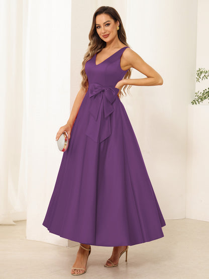 A-Line/Princess V Neck Sleeveless Long Evening Dresses with Bow Knot