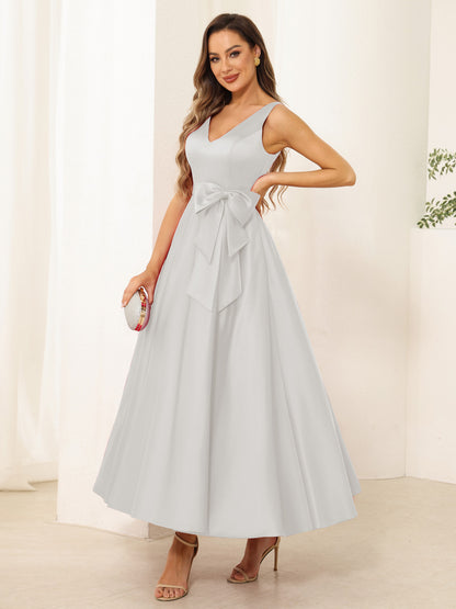 A-Line/Princess V Neck Sleeveless Long Evening Dresses with Bow Knot