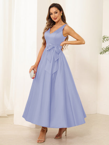 A-Line/Princess V Neck Sleeveless Long Evening Dresses with Bow Knot