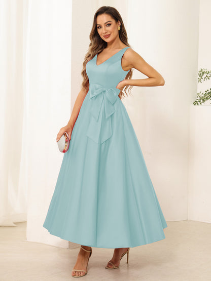 A-Line/Princess V Neck Sleeveless Long Evening Dresses with Bow Knot