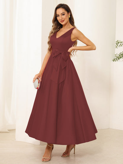 A-Line/Princess V Neck Sleeveless Long Evening Dresses with Bow Knot