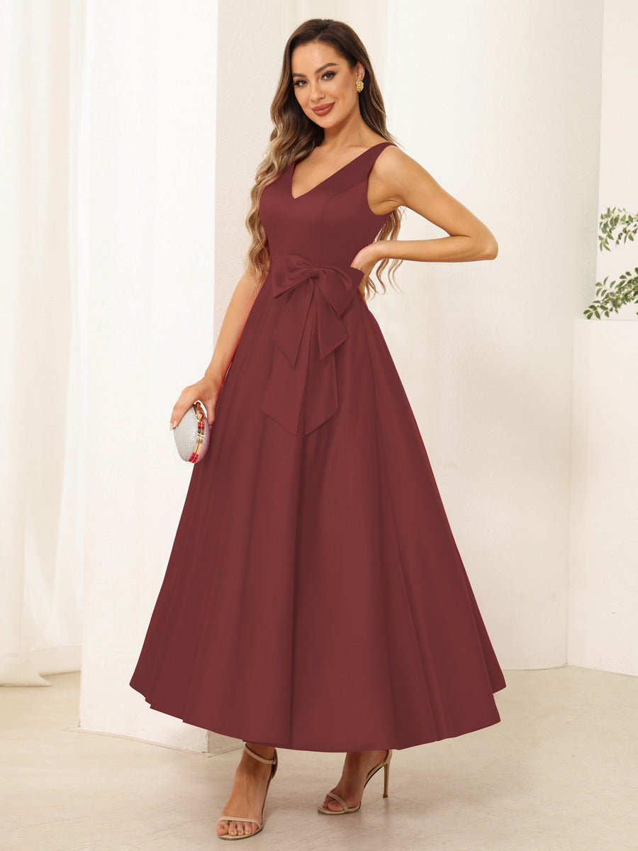 A-Line/Princess V Neck Sleeveless Long Evening Dresses with Bow Knot