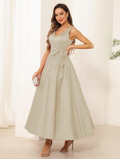 A-Line/Princess V Neck Sleeveless Long Evening Dresses with Bow Knot