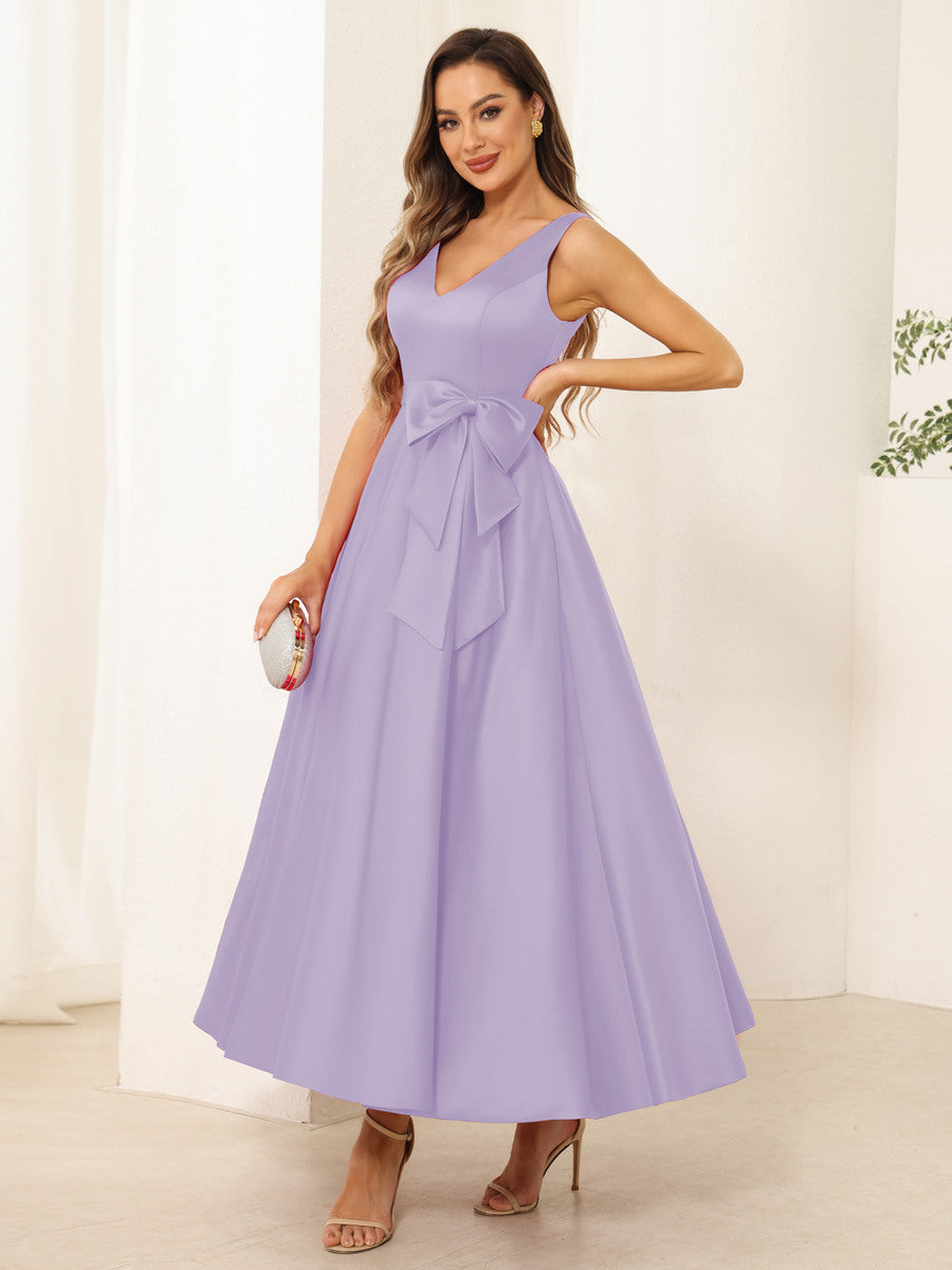 A-Line/Princess V Neck Sleeveless Long Evening Dresses with Bow Knot