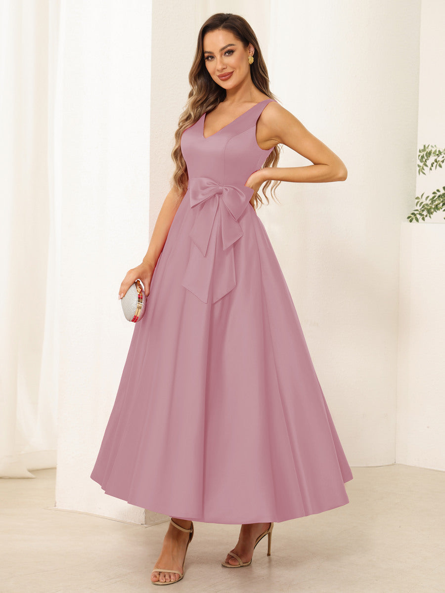 A-Line/Princess V Neck Sleeveless Long Evening Dresses with Bow Knot