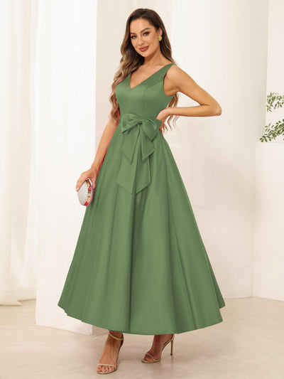 A-Line/Princess V Neck Sleeveless Long Evening Dresses with Bow Knot