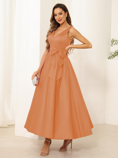 A-Line/Princess V Neck Sleeveless Long Evening Dresses with Bow Knot