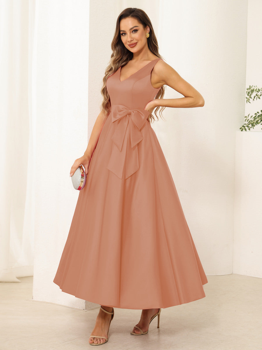 A-Line/Princess V Neck Sleeveless Long Evening Dresses with Bow Knot