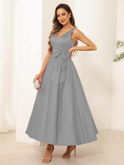 A-Line/Princess V Neck Sleeveless Long Evening Dresses with Bow Knot