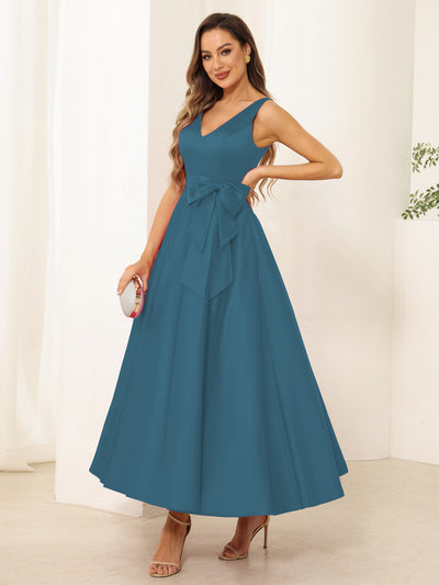 A-Line/Princess V Neck Sleeveless Long Evening Dresses with Bow Knot