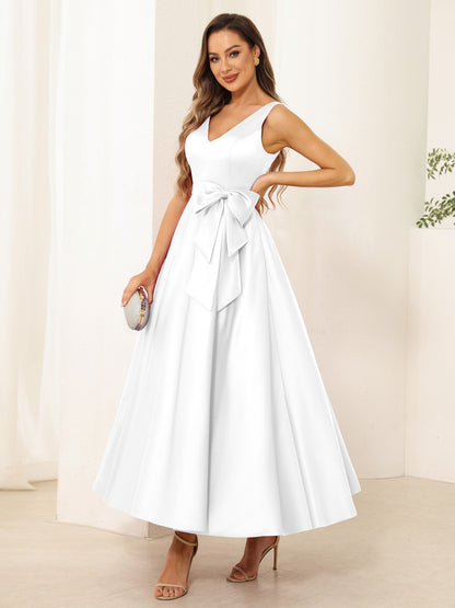 A-Line/Princess V Neck Sleeveless Long Evening Dresses with Bow Knot