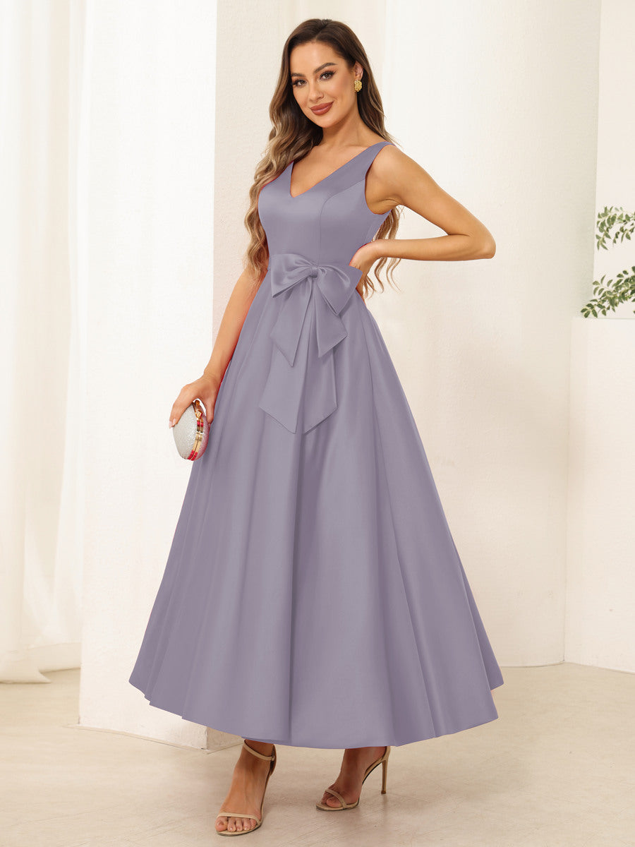 A-Line/Princess V Neck Sleeveless Long Evening Dresses with Bow Knot