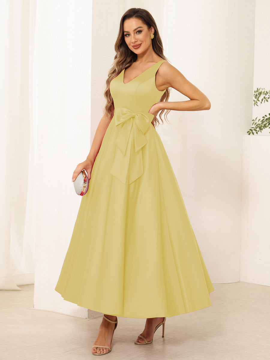 A-Line/Princess V Neck Sleeveless Long Evening Dresses with Bow Knot