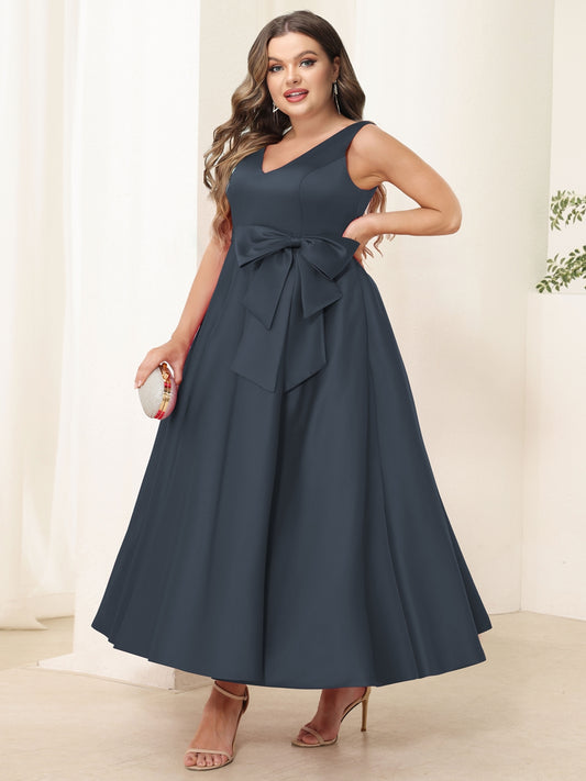 A-Line/Princess V Neck Sleeveless Long Plus Size Evening Dresses with Bow Knot