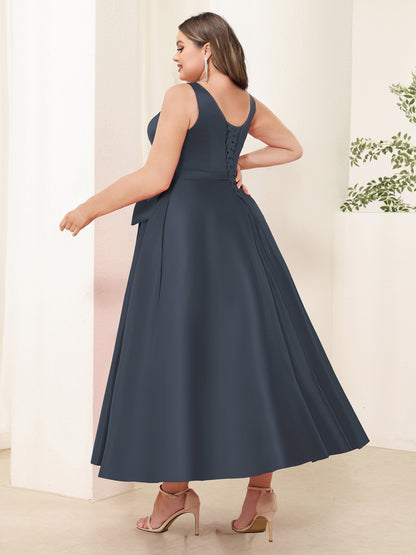 A-Line/Princess V Neck Sleeveless Long Plus Size Evening Dresses with Bow Knot