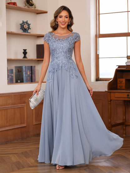 A-Line/Princess Scoop Short Sleeves Chiffon Mother of the Bride Dresses with Applique