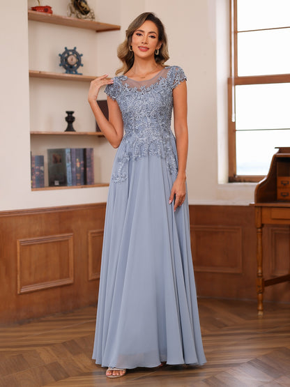 A-Line/Princess Scoop Short Sleeves Chiffon Mother of the Bride Dresses with Applique