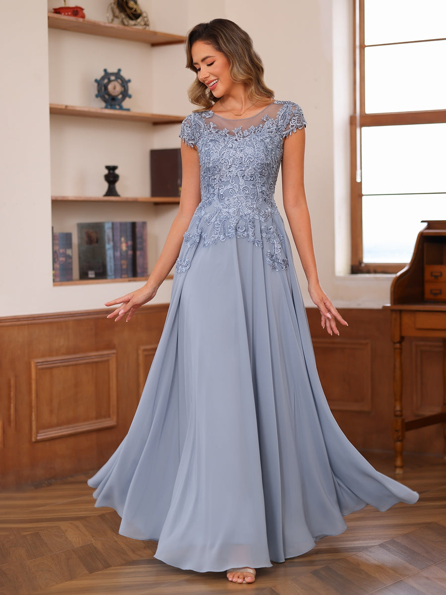 A-Line/Princess Scoop Short Sleeves Chiffon Mother of the Bride Dresses with Applique