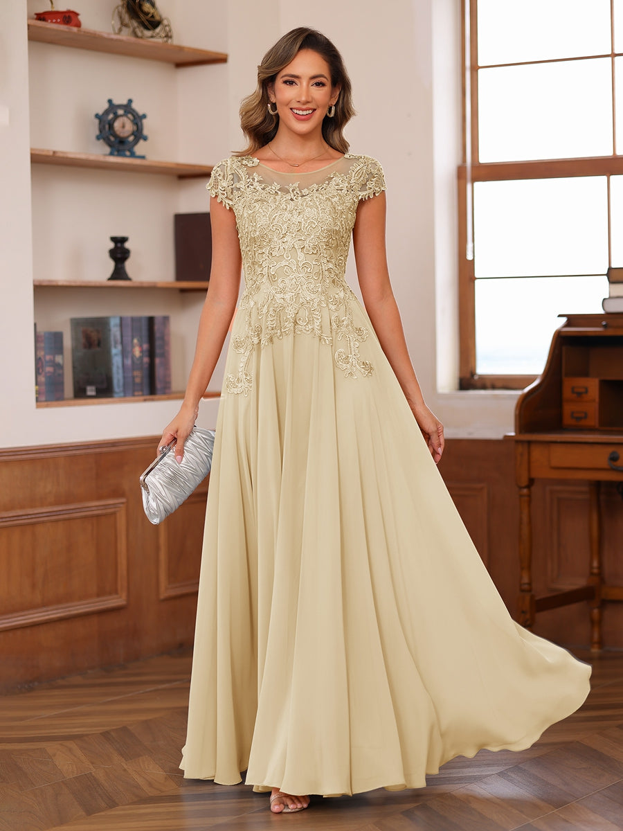 A-Line/Princess Scoop Short Sleeves Chiffon Mother of the Bride Dresses with Applique