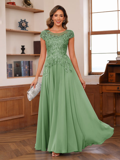 A-Line/Princess Scoop Short Sleeves Chiffon Mother of the Bride Dresses with Applique