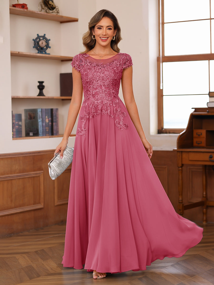 A-Line/Princess Scoop Short Sleeves Chiffon Mother of the Bride Dresses with Applique