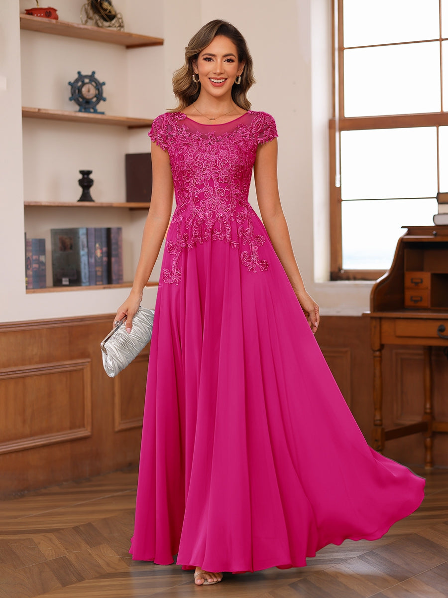 A-Line/Princess Scoop Short Sleeves Chiffon Mother of the Bride Dresses with Applique