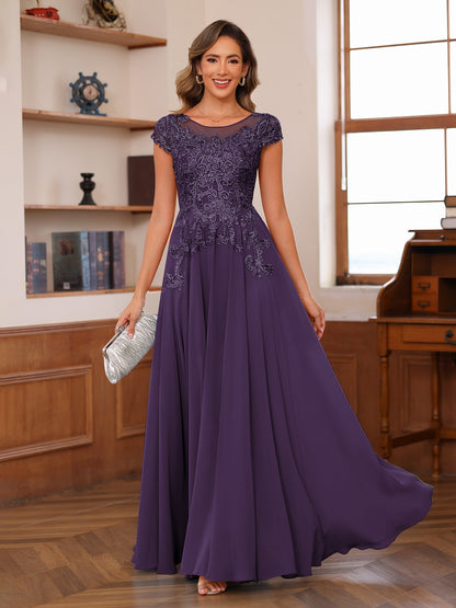 A-Line/Princess Scoop Short Sleeves Chiffon Mother of the Bride Dresses with Applique