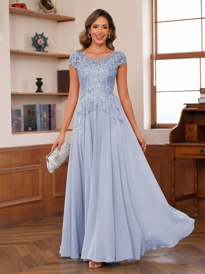 A-Line/Princess Scoop Short Sleeves Chiffon Mother of the Bride Dresses with Applique