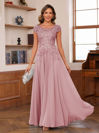 A-Line/Princess Scoop Short Sleeves Chiffon Mother of the Bride Dresses with Applique