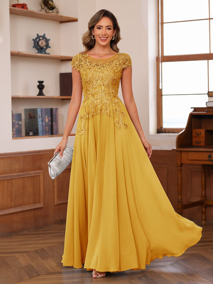 A-Line/Princess Scoop Short Sleeves Chiffon Mother of the Bride Dresses with Applique