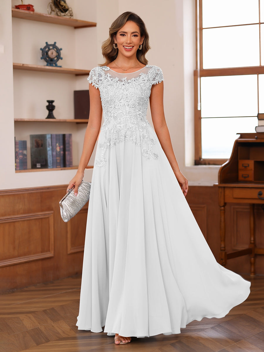 A-Line/Princess Scoop Short Sleeves Chiffon Mother of the Bride Dresses with Applique