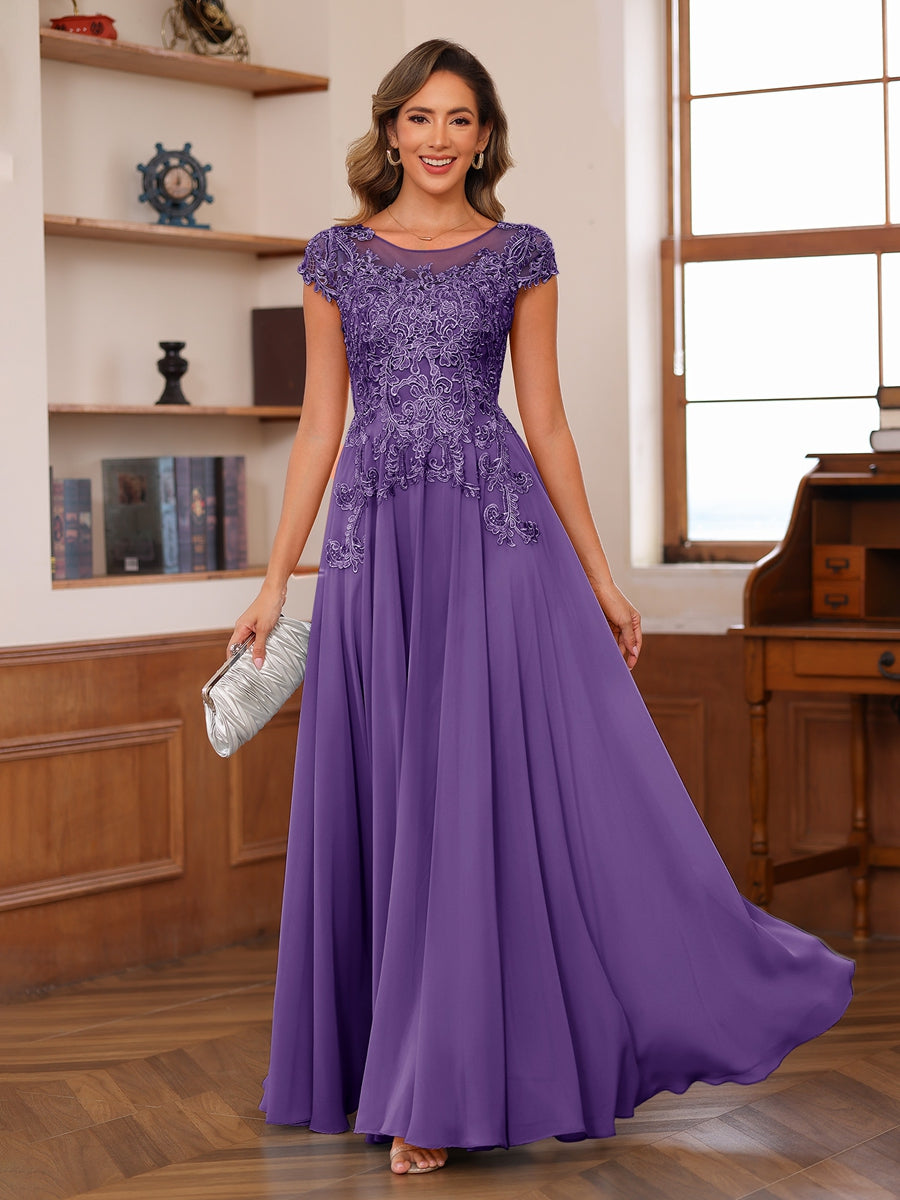 A-Line/Princess Scoop Short Sleeves Chiffon Mother of the Bride Dresses with Applique