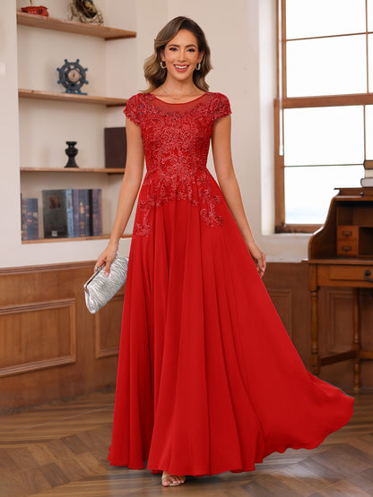 A-Line/Princess Scoop Short Sleeves Chiffon Mother of the Bride Dresses with Applique