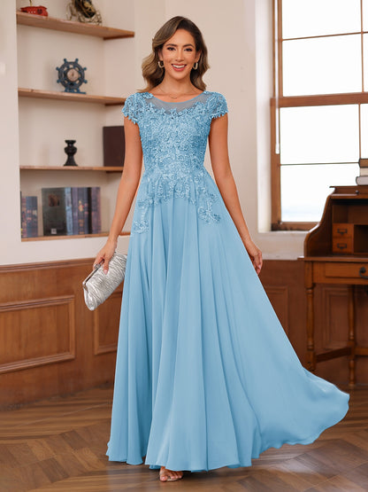 A-Line/Princess Scoop Short Sleeves Chiffon Mother of the Bride Dresses with Applique