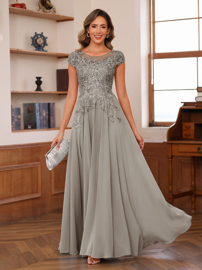 A-Line/Princess Scoop Short Sleeves Chiffon Mother of the Bride Dresses with Applique