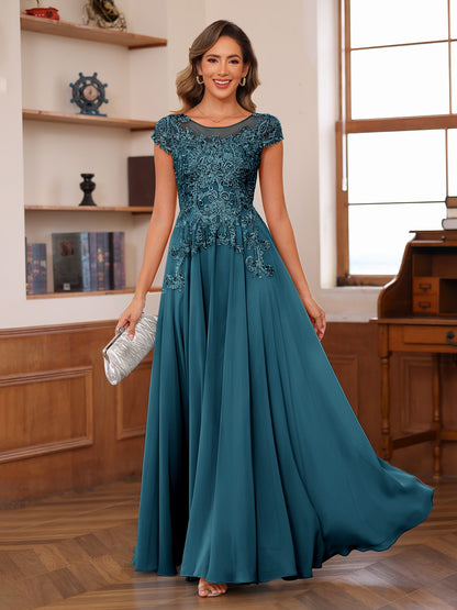 A-Line/Princess Scoop Short Sleeves Chiffon Mother of the Bride Dresses with Applique