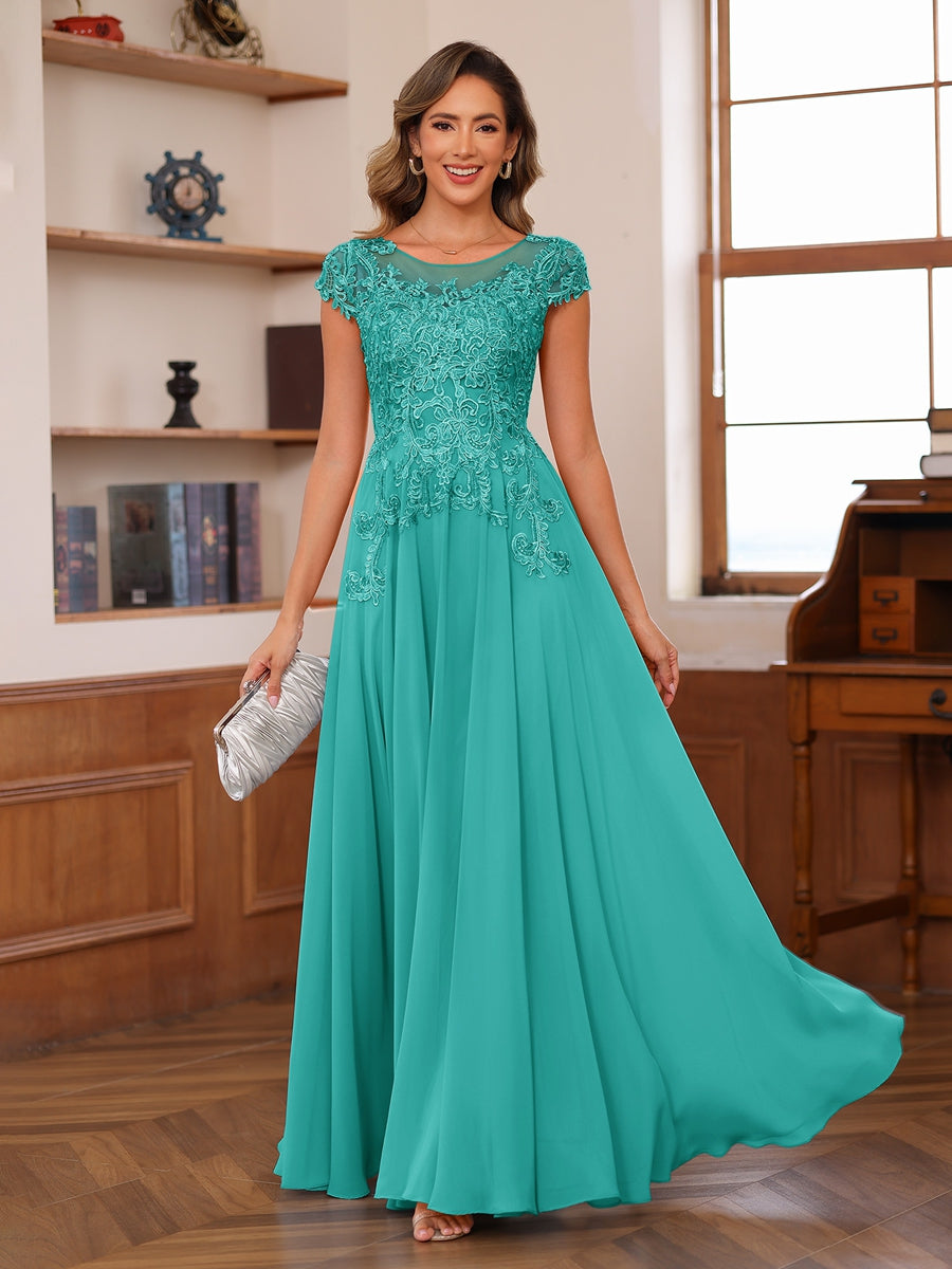 A-Line/Princess Scoop Short Sleeves Chiffon Mother of the Bride Dresses with Applique