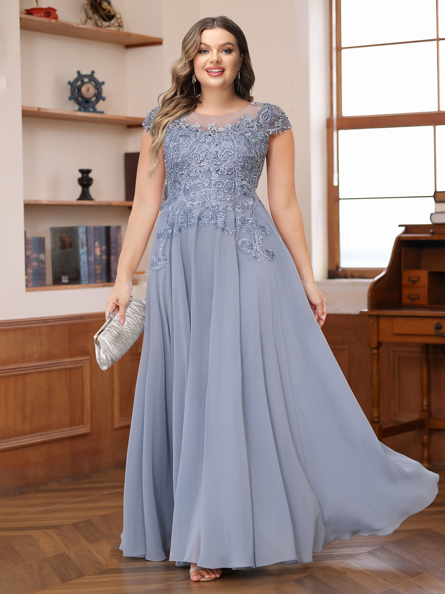 A-Line/Princess Scoop Short Sleeves Chiffon Plus Size Mother of the Bride Dresses with Applique