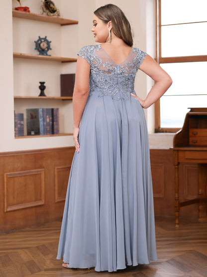 A-Line/Princess Scoop Short Sleeves Chiffon Plus Size Mother of the Bride Dresses with Applique