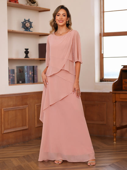 A-Line/Princess Scoop Short Sleeves Tiered Chiffon Mother of the Bride Dresses