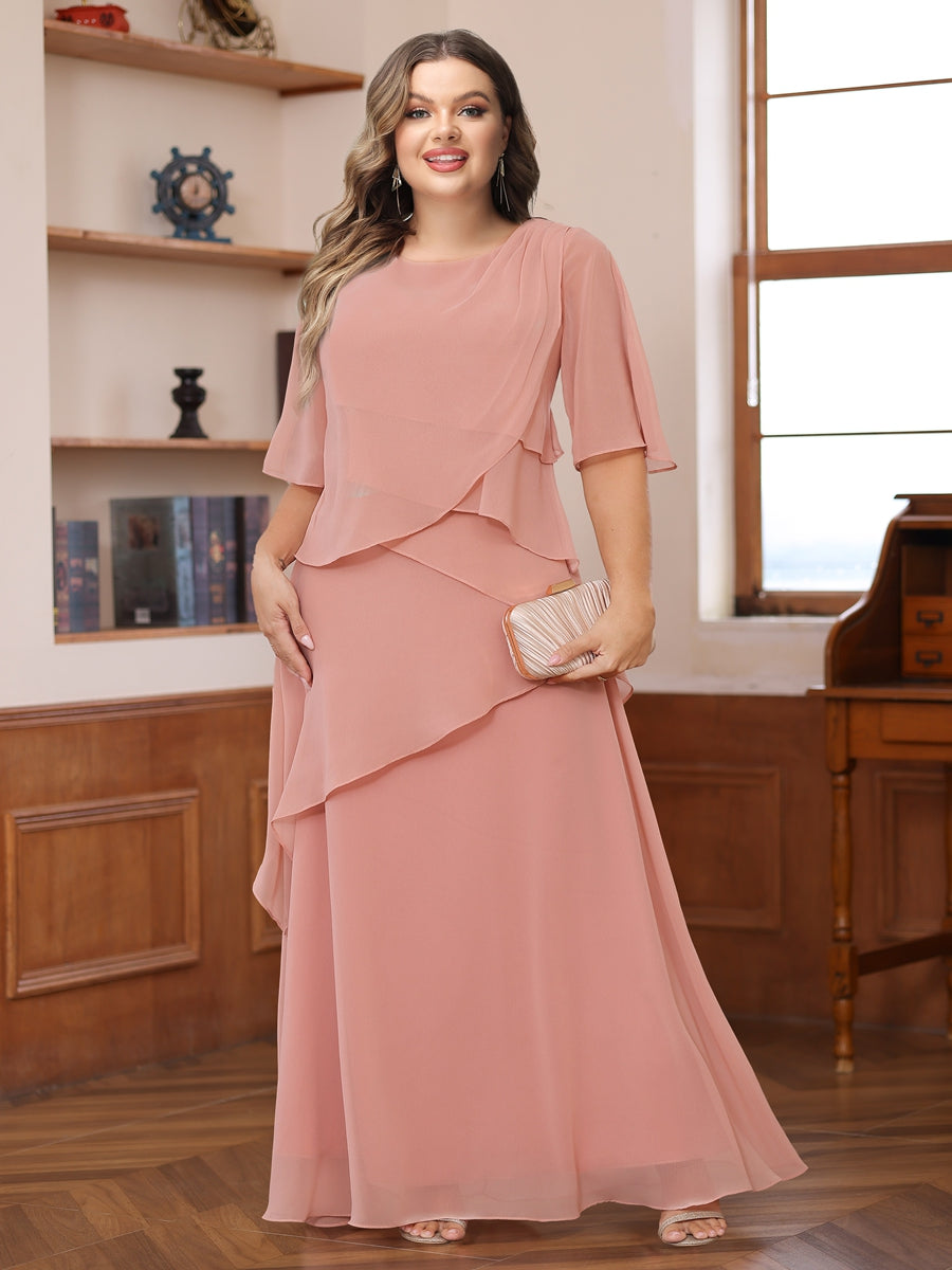 A-Line/Princess Scoop Short Sleeves Tiered Chiffon  Plus Size Mother of the Bride Dresses