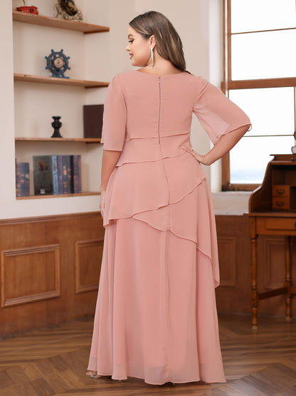 A-Line/Princess Scoop Short Sleeves Tiered Chiffon  Plus Size Mother of the Bride Dresses