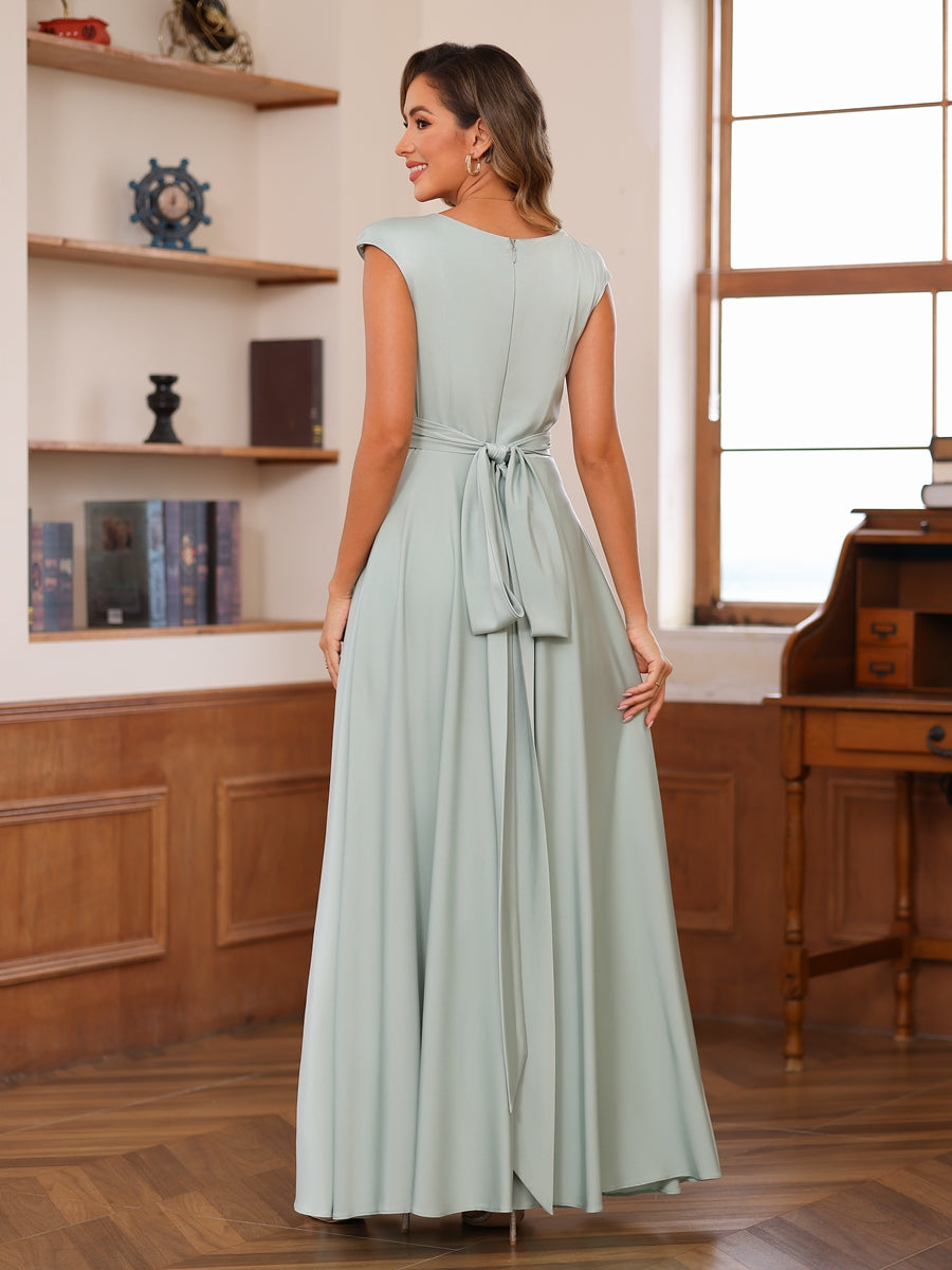 A-Line/Princess Scoop Cap Sleeves Ruched Mother of the Bride Dresses with Pockets