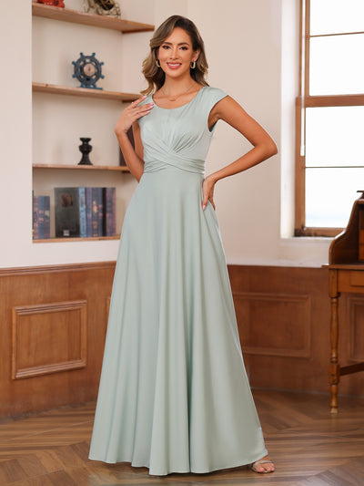 A-Line/Princess Scoop Cap Sleeves Ruched Mother of the Bride Dresses with Pockets