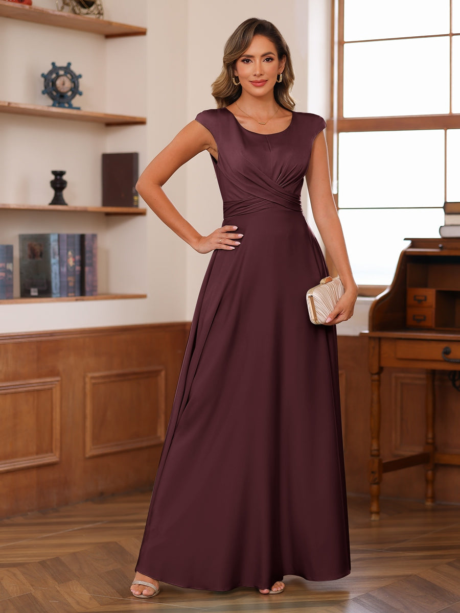 A-Line/Princess Scoop Cap Sleeves Ruched Mother of the Bride Dresses with Pockets