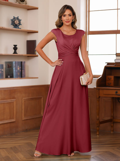 A-Line/Princess Scoop Cap Sleeves Ruched Mother of the Bride Dresses with Pockets