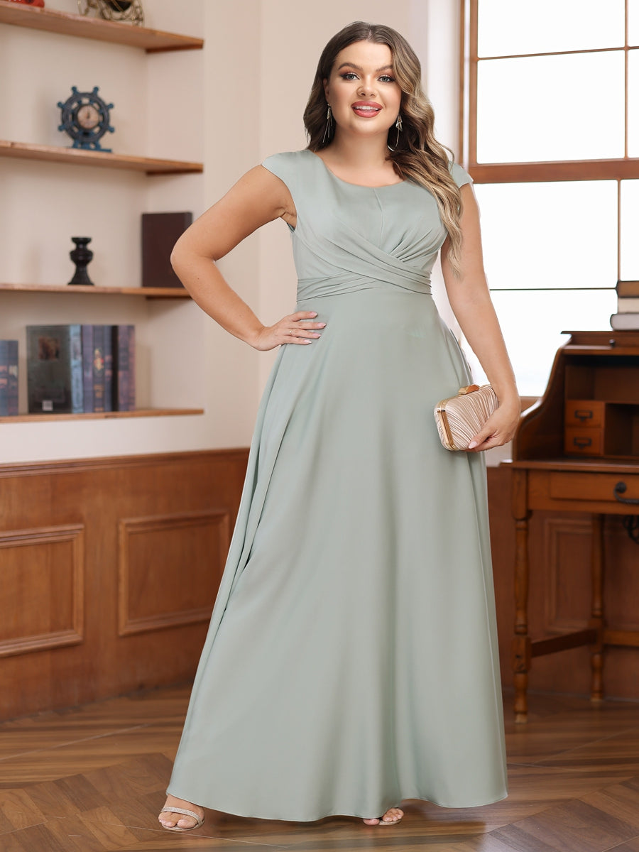 A-Line/Princess Scoop Cap Sleeves Ruched Plus Size Mother of the Bride Dresses with Pockets